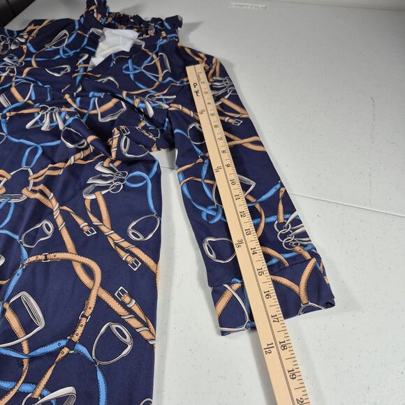 J Mclaughlin Blue Gold Equestrian Horse Bridle Rein Print Catalina Dress Small - Picture 6 of 7